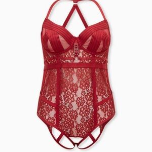 Straps and Rings Red Lace Bodysuit with Open Back